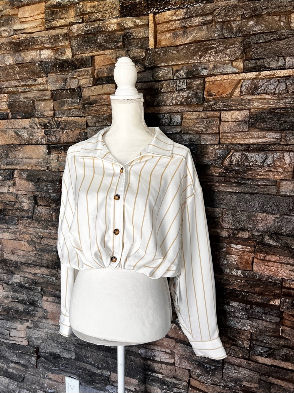 Striped Button-Front White & Gold Women’s Blouse